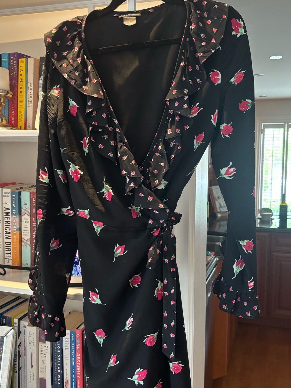 Club Monaco Black Floral Wrap Blouse with Pink Rose Print